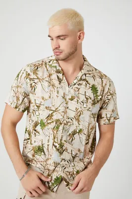 Men Leaf Print Short-Sleeve Shirt in Taupe Medium