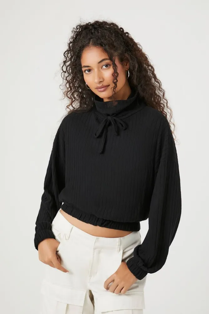 Women's Drawstring Turtleneck Crop Top in Black Medium