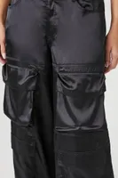 Women's Satin Wide-Leg Cargo Pants in Black Medium