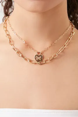 Women's Butterfly Heart Pendant Necklace Set in Gold