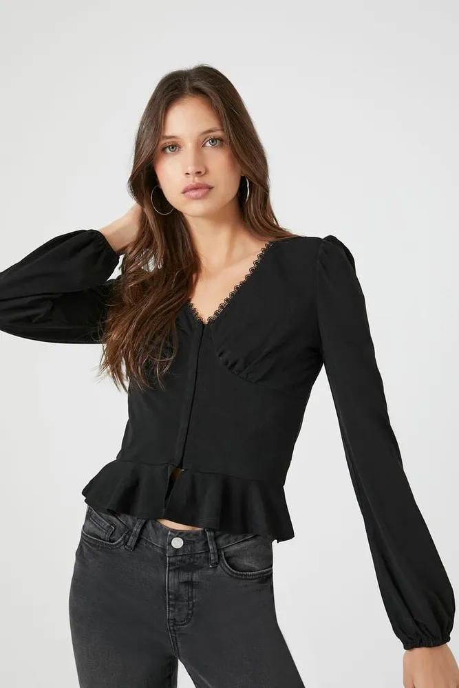 Women's Crepe Peasant-Sleeve Peplum Top in Black Medium