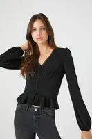 Women's Crepe Peasant-Sleeve Peplum Top in Black Medium