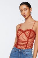 Women's Polka Dot Mesh Ruffled Bodysuit in Rust Small