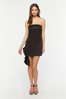 Women's Satin Cascading Ruffle Tube Dress in Black Medium