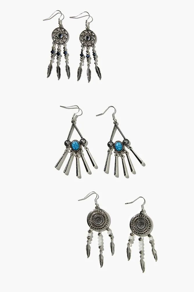 Women's Faux Stone Dreamcatcher Drop Earring Set in Silver/Turquoise