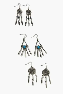 Women's Faux Stone Dreamcatcher Drop Earring Set in Silver/Turquoise