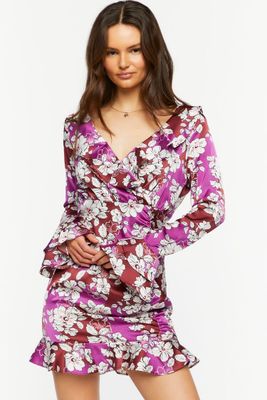 Women's Floral Ruffled Satin Mini Dress in Purple Small