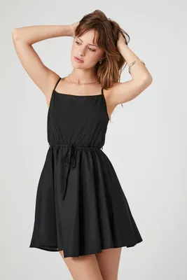 Women's Poplin Tie-Waist Cami Mini Dress in Black Medium