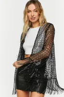 Women's Sequin Open-Knit Fringe Kimono in Black Small