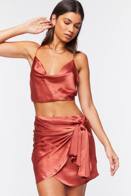 Women's Satin Cropped Cami & Self-Tie Wrap Skirt in Terra Cotta Medium