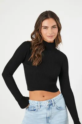 Women's Mock Neck Sweater-Knit Crop Top in Black Small