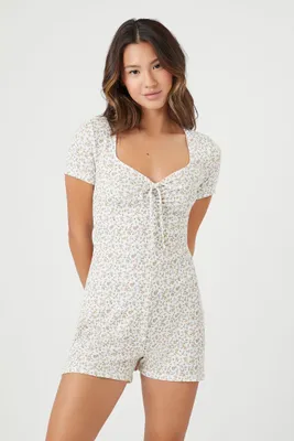 Women's Floral Print Pajama Romper in Ivory Small