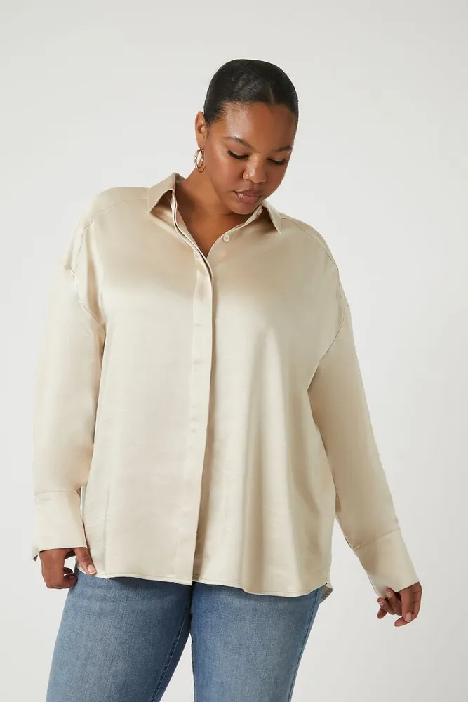 Women's Satin Long-Sleeve Shirt in Vanilla, 1X