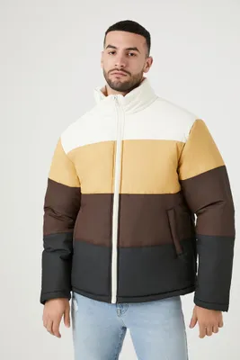 Men Colorblock Funnel Neck Puffer Jacket in Cream/Coffee Medium