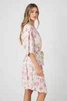 Women's Ornate Print Tie-Waist Robe in Pink Small