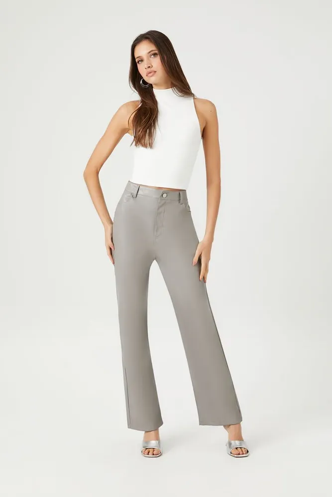 Women's Faux Leather Straight-Leg Pants in Grey Large