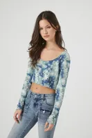 Women's Tie-Dye Floral Print Crop Top in Blue, XS