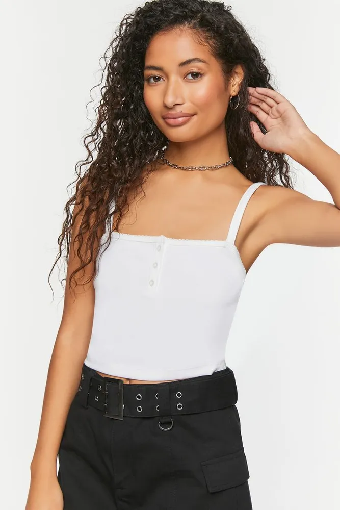 Women's Ribbed Half-Button Cropped Cami in White Large