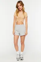 Women's Ruched Short-Sleeve Crop Top in Taupe, M/L