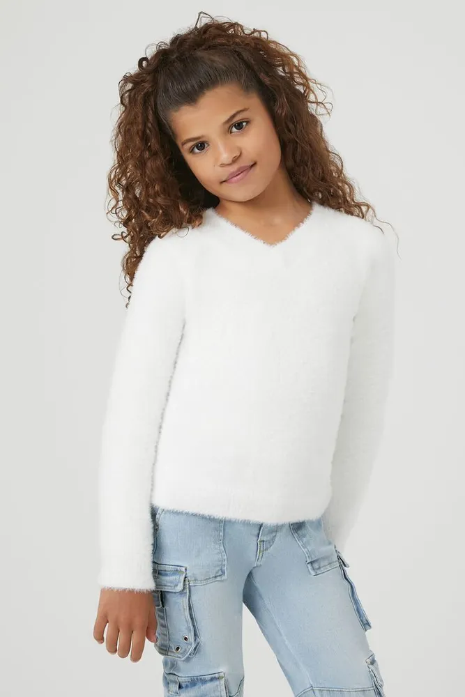 Girls Fuzzy Knit Sweater (Kids) in Vanilla, 13/14