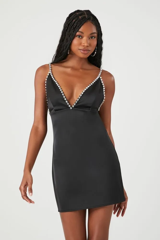 Women's Satin Faux Gem-Trim Mini Dress in Black Small