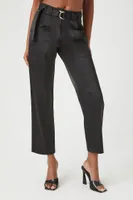 Women's Satin Belted Straight-Leg Pants in Black, XL