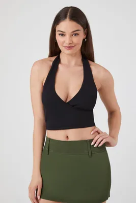 Women's Sweater-Knit Halter Crop Top in Black, XS