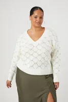 Women's Pointelle Knit Sweater in White, 2X