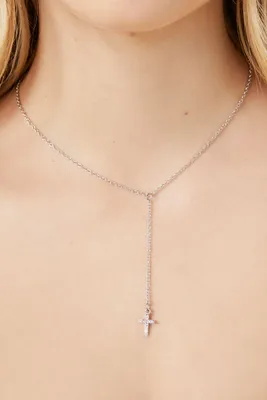 Women's Rhinestone Cross Y-Chain Necklace in Silver