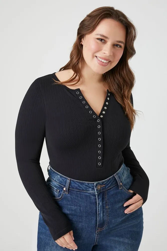 Women's Seamless Henley Bodysuit Black,