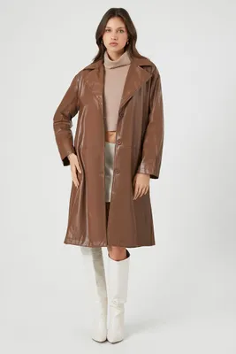 Women's Faux Leather Trench Coat in Brown Small