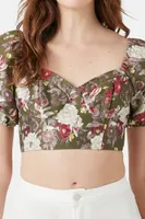 Women's Floral Puff-Sleeve Crop Top in Green Small