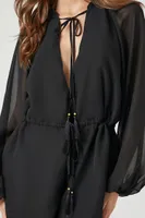 Women's Sheer Peasant-Sleeve Romper in Black Medium