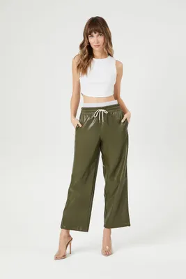 Women's Faux Leather Drawstring Pants in Olive, XS
