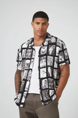 Men Rayon Photo Print Shirt in Black Large