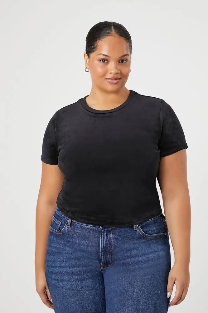 Women's Velour Cropped T-Shirt in Black, 2X