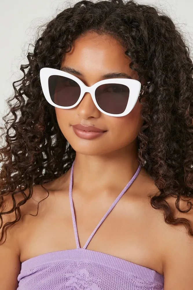 Cat-Eye Curb Chain Sunglasses in White/Brown