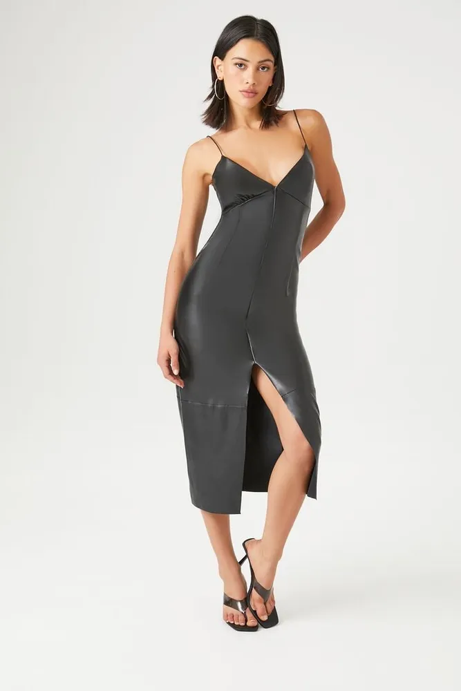 Women's Faux Leather Bodycon Slit Dress