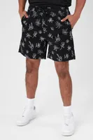 Men Floral Line Art Drawstring Shorts in Black Large