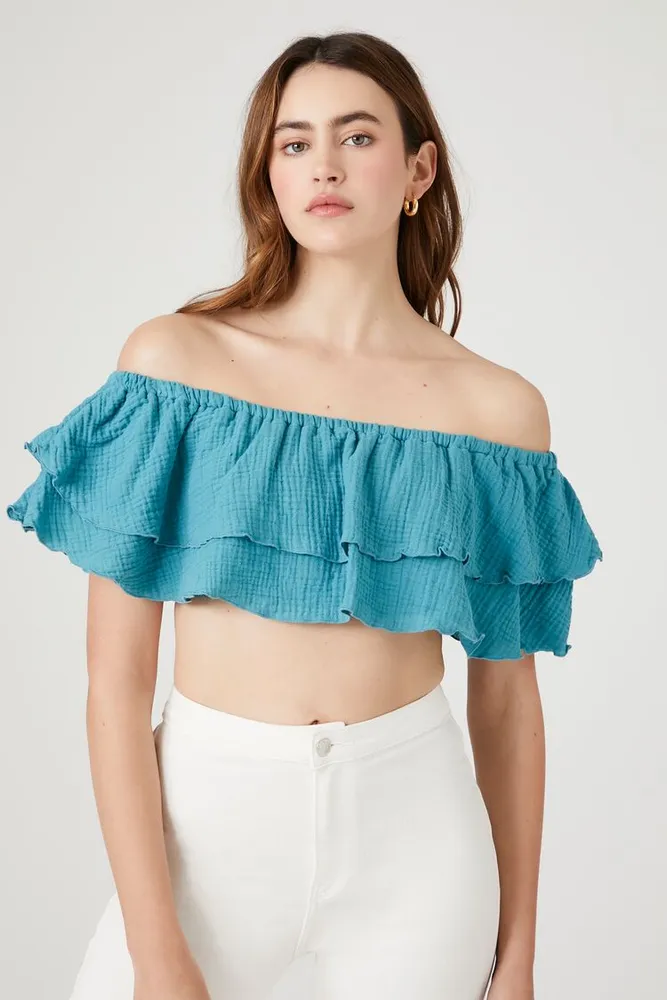 Women's Off-the-Shoulder Flounce Crop Top in Teal Blue, XL