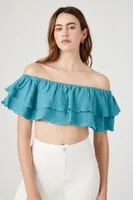 Women's Off-the-Shoulder Flounce Crop Top in Teal Blue, XL