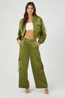 Women's Ruched Satin Cropped Bomber Jacket in Dark Olive Small