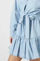 Women's Denim Tie-Front Mini Shirt Dress in Light Denim Large