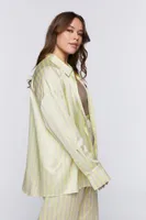 Women's Oversized Satin Striped Shirt in Green Apple/Grey, Size 0X