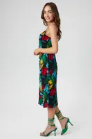 Women's Tropical Leaf Print Midi Dress Black