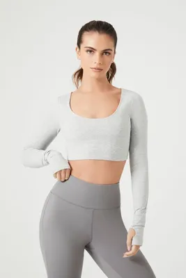 Women's Active Heathered Thumbhole Crop Top in Heather Grey Small