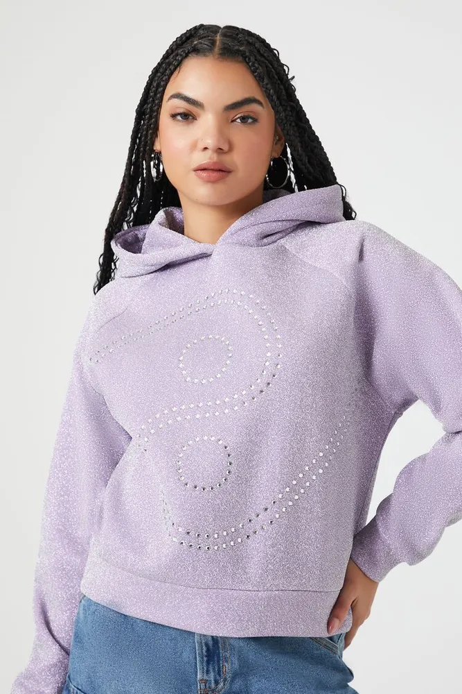 Women's Rhinestone Yin Yang Fleece Hoodie in Purple Small