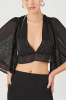 Women's Plunging Kimono-Sleeve Crop Top in Black Medium