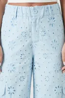 Women's Floral Eyelet Cargo Pants in Light Blue, XL