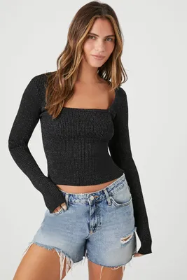 Women's Glitter Sweater-Knit Crop Top in Black/Silver, XL